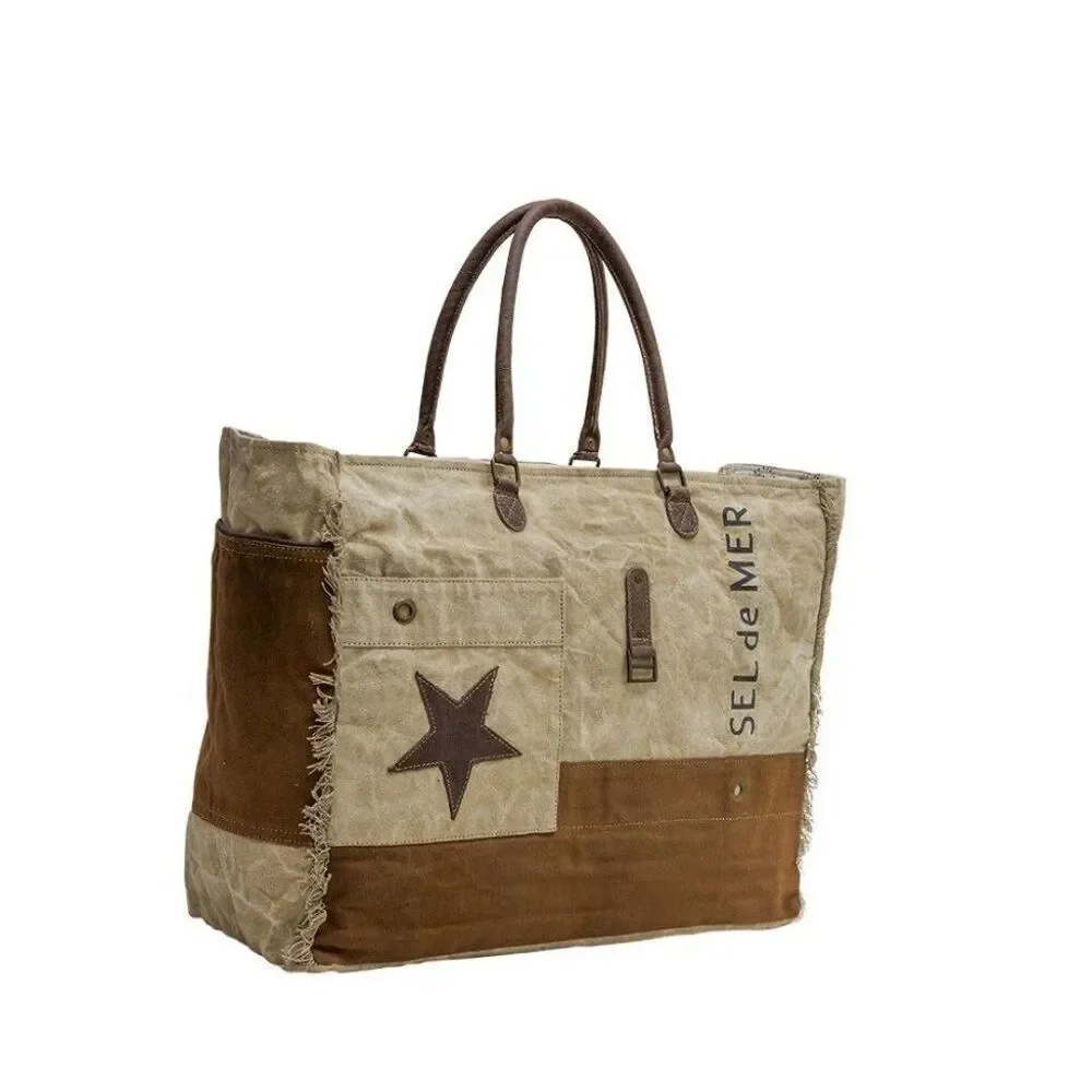 Myra Bag Handmade Winsta Weekender Bag Upcycled Canvas & Cowhide Leather